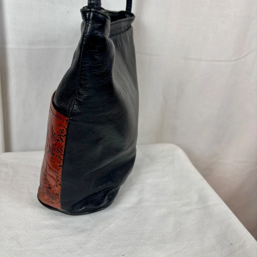 Leaf Leather C.L. Whiting  Black Brown Embossed Crossbody Bucket Bag USA Made